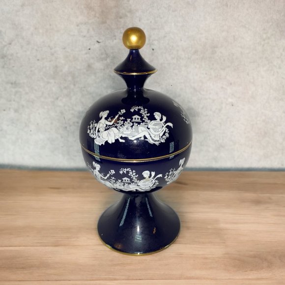 Vintage Italy Florentine Cobalt Blue Ceramic Compote Lidded Dish Greek Couple - Picture 3 of 11